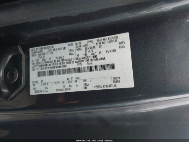 1FTEX1EP0GFD08080 Ford F-150 Xl