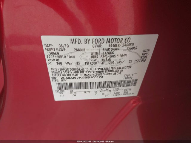 Продаж на аукціоні авто 2011 Lincoln Mkx, vin: 2LMDJ6JKXBBJ00173, номер лоту: 42303362