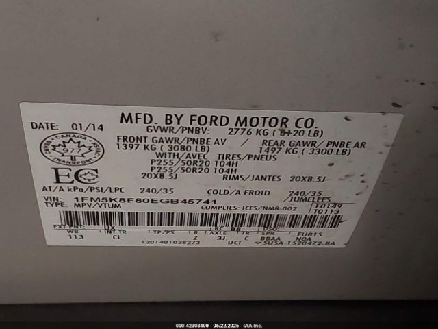 1FM5K8F80EGB45741 Ford 2014