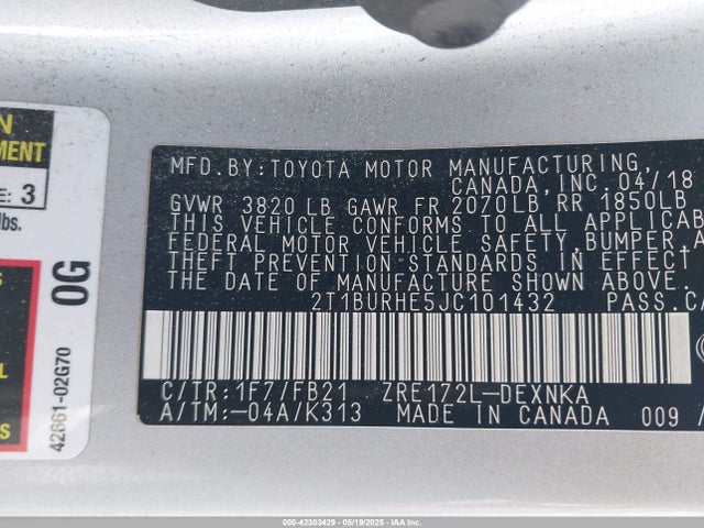2T1BURHE5JC101432 Toyota COROLLA LE