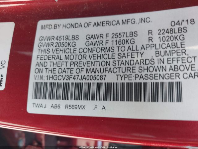 1HGCV3F47JA005087 Honda Accord Hybrid Ex
