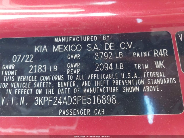 3KPF24AD3PE516898 KIA mpi nu