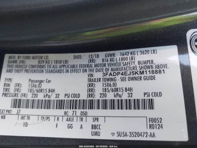 3FADP4EJ5KM118881 Ford FIESTA SE
