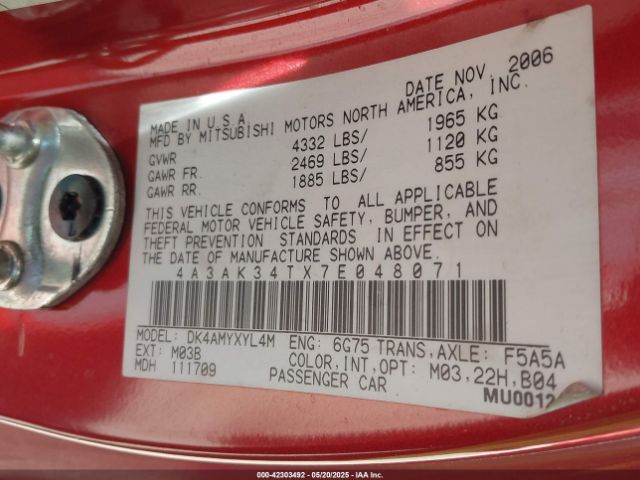 2007 MITSUBISHI ECLIPSE 4A3AK34TX7E048071 Photo 8