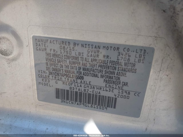 3N1CN7AP9GL815509 Nissan 2016