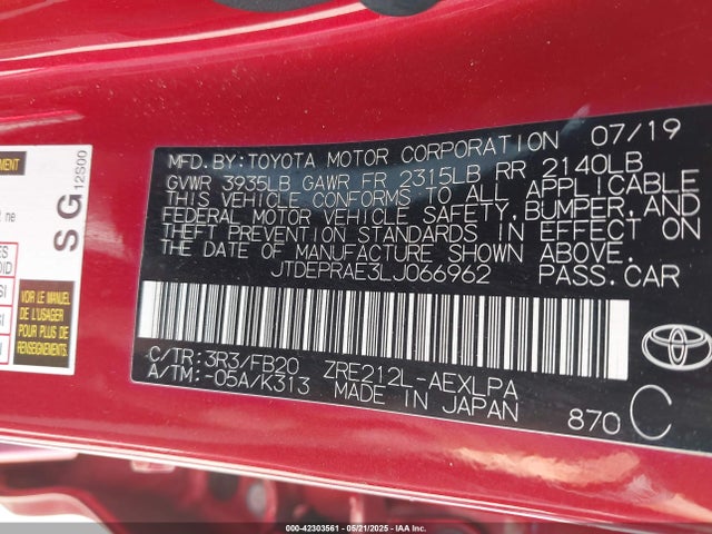 JTDEPRAE3LJ066962 Toyota 2zr-fae