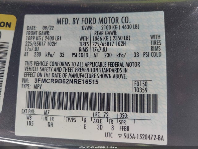 3FMCR9B62NRE16515 Ford dragon