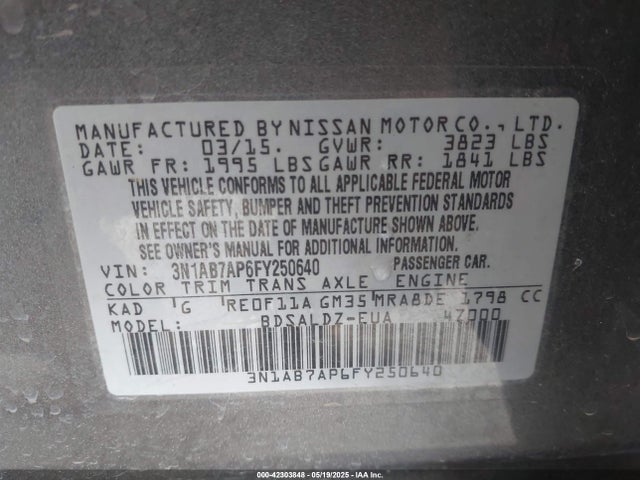 3N1AB7AP6FY250640 Nissan Sentra Fe+ S/s/sl/sr/sv