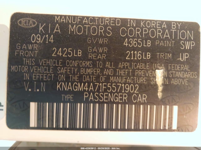 KNAGM4A71F5571902 KIA Optima Lx
