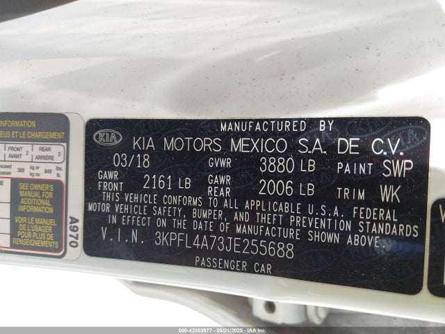 3KPFL4A73JE255688 KIA mpi nu