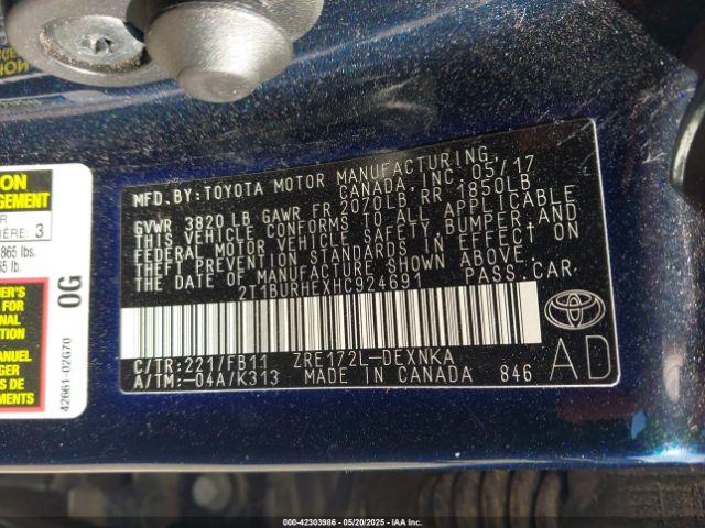 2T1BURHEXHC924691 Toyota 2zr-fe