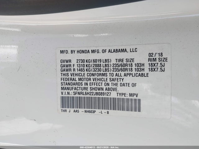 5FNRL6H22JB089127 Honda j35y7