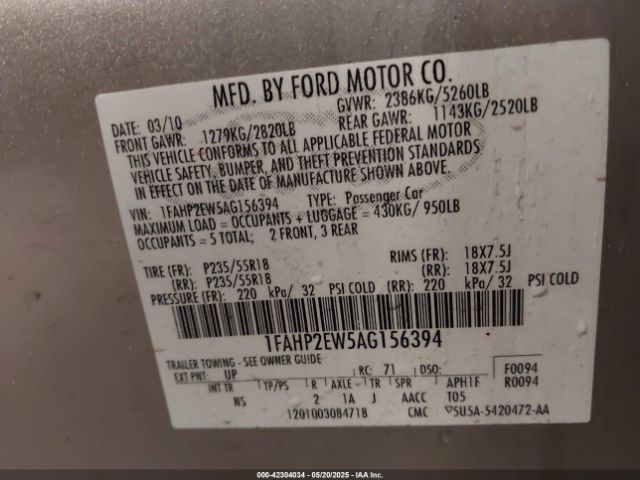 2010 FORD TAURUS 1FAHP2EW5AG156394 Photo 8