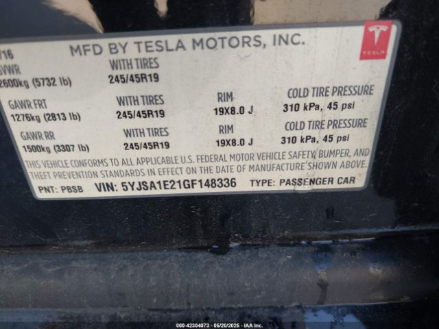 2016 TESLA MODEL S 5YJSA1E21GF148336 Photo 8