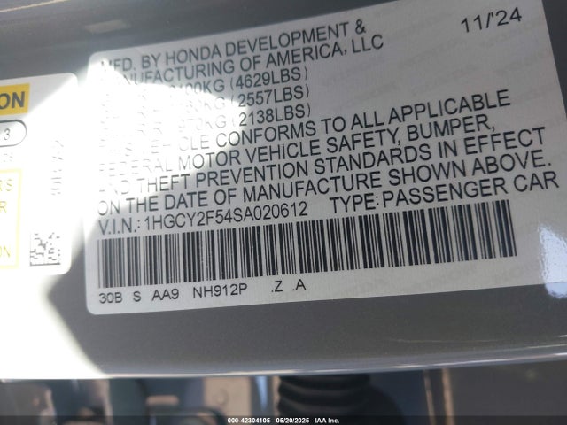 1HGCY2F54SA020612 Honda lfc5