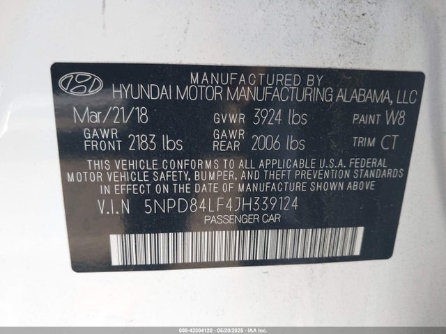 5NPD84LF4JH339124 Hyundai ELANTRA SEL