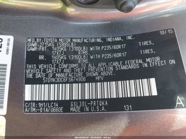 5TDYK3DC6FS674906 Toyota Sienna Xle 8 Passenger