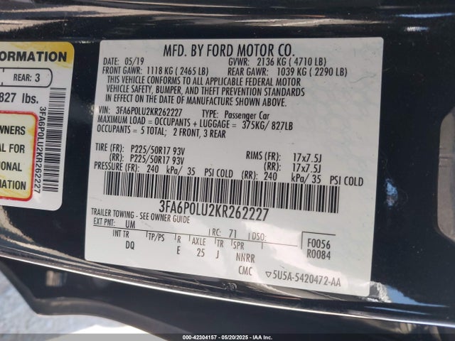 Ford Fusion Hybrid Se 2019 3FA6P0LU2KR262227 Image 9