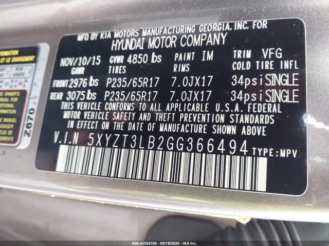 5XYZT3LB2GG366494 Hyundai gdi theta ii