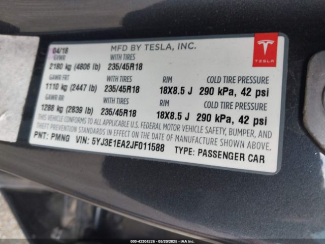 5YJ3E1EA2JF011588 Tesla Model 3 Long Range/mid Range