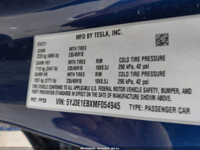 2021 TESLA MODEL 3 5YJ3E1EBXMF054945 Photo 8