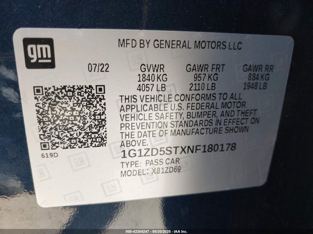 1G1ZD5STXNF180178 Chevrolet Malibu Fwd Lt