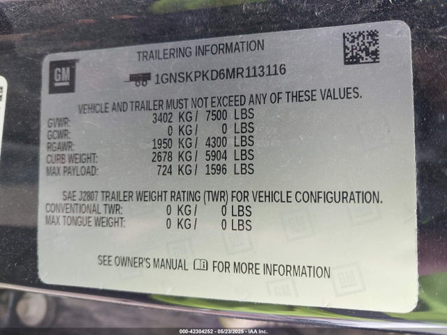 1GNSKPKD6MR113116 Chevrolet l84 - di, alum, gen 5, var 2