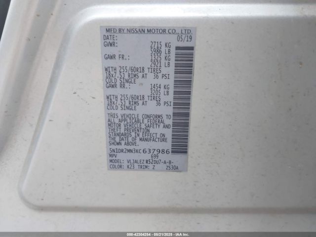 5N1DR2MN3KC637986 Nissan Pathfinder Sv