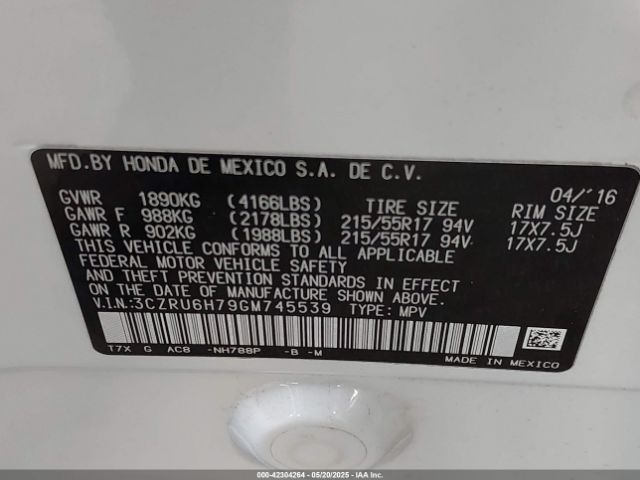 3CZRU6H79GM745539 Honda Hr-v Ex-l