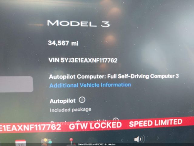 5YJ3E1EAXNF117762 Tesla 2022