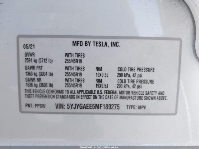 2021 TESLA MODEL Y 5YJYGAEE5MF189275 Photo 8