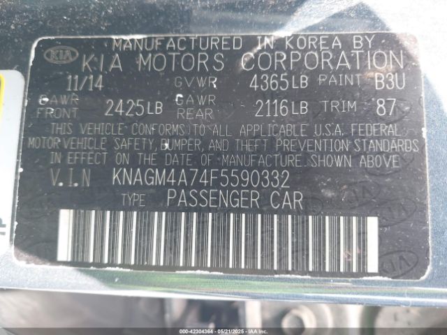 KNAGM4A74F5590332 KIA Optima Lx
