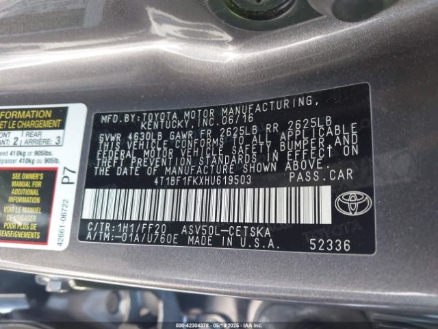 4T1BF1FKXHU619503 Toyota CAMRY SE