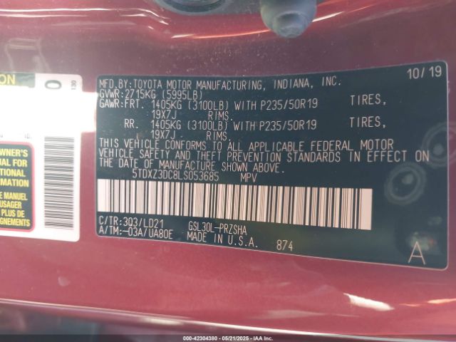 5TDXZ3DC8LS053685 Toyota SIENNA SE