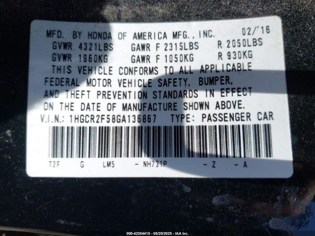 1HGCR2F58GA136867 Honda Accord Sport