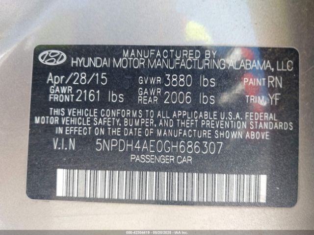 5NPDH4AE0GH686307 Hyundai ELANTRA SE