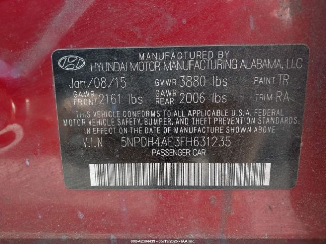 5NPDH4AE3FH631235 Hyundai ELANTRA SE