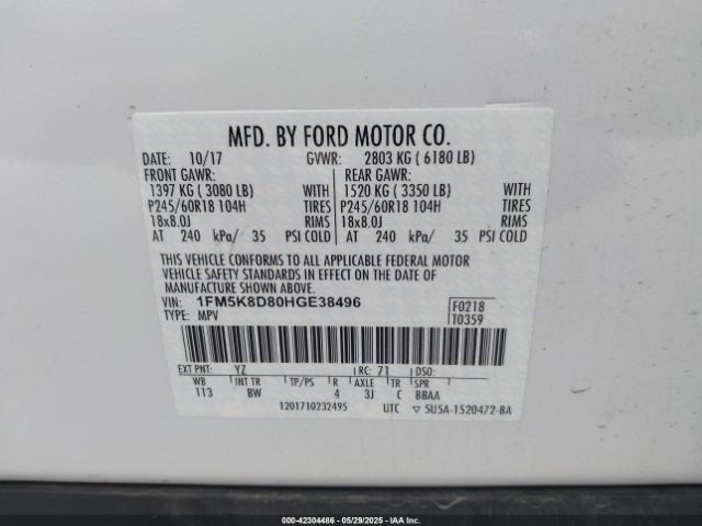 1FM5K8D80HGE38496 Ford EXPLORER XLT
