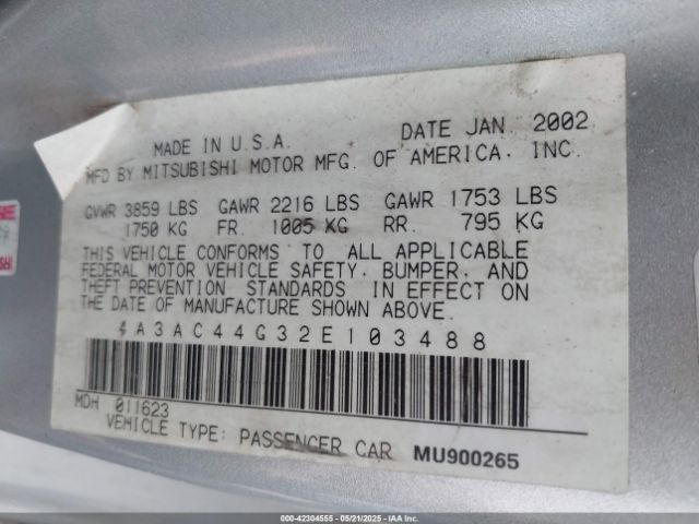 2002 MITSUBISHI ECLIPSE 4A3AC44G32E103488 Photo 8