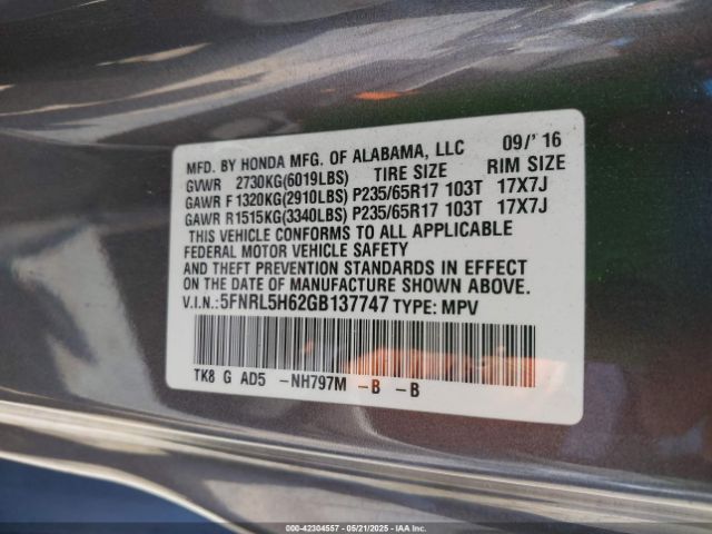 5FNRL5H62GB137747 Honda Odyssey Ex-l