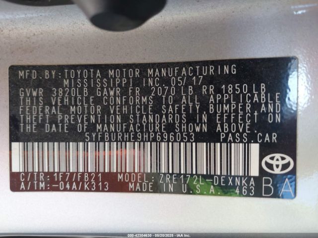 5YFBURHE9HP696053 Toyota 2zr-fe