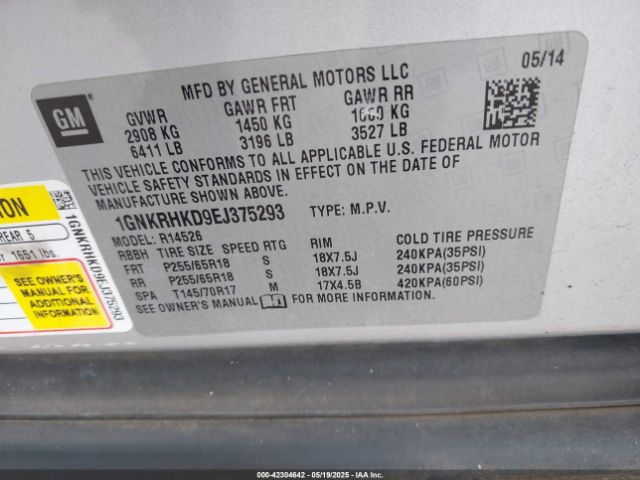 1GNKRHKD9EJ375293 Chevrolet llt