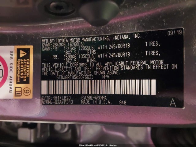 5TDJGRFH5KS076623 Toyota 2gr-fxs, 4jm+2fm