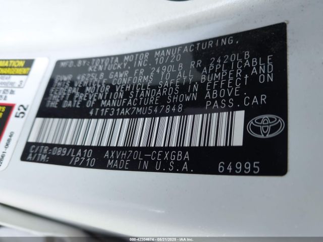 4T1F31AK7MU547848 Toyota Camry Xle Hybrid