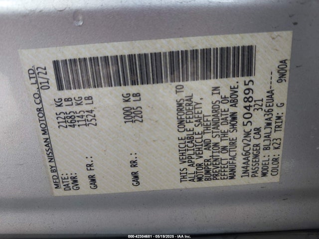 1N4AA6CV2NC504895 Nissan Maxima Sv Xtronic Cvt
