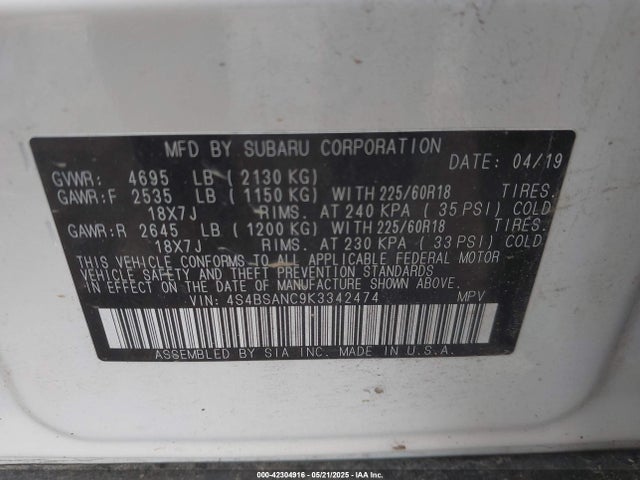 4S4BSANC9K3342474 Subaru Outback 2.5i Limited