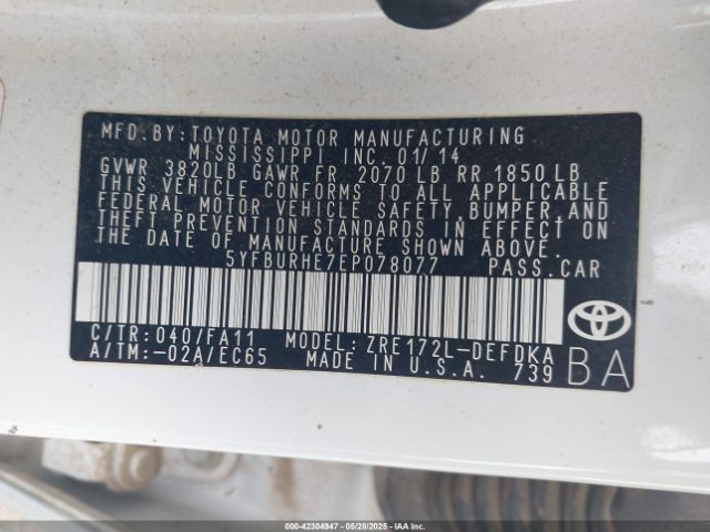 5YFBURHE7EP078077 Toyota Corolla L/le/le Plus/le Premium/s/s Plus/s Premium