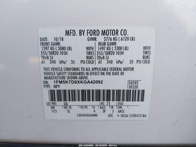 1FM5K7D8XKGA42092 Ford EXPLORER XLT