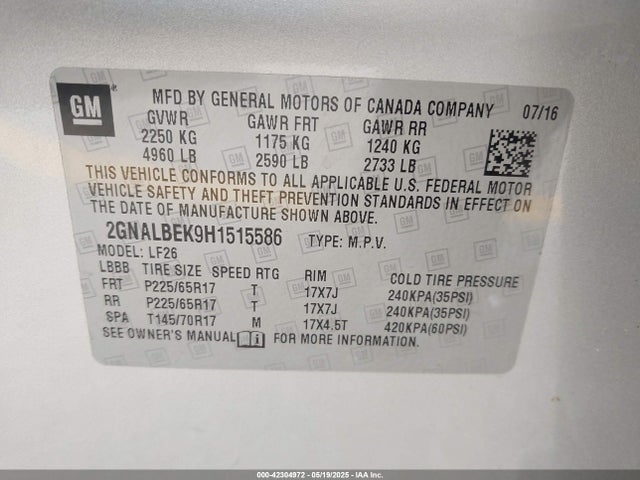 2GNALBEK9H1515586 Chevrolet lea - sidi: spark ignited direct injection, e85 max, alum