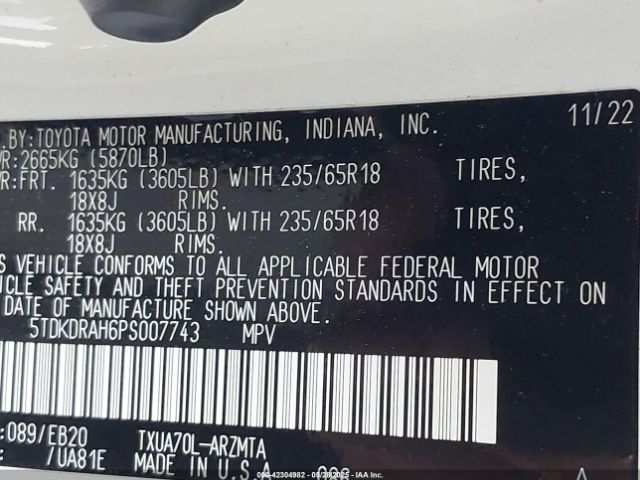 5TDKDRAH6PS007743 Toyota Highlander Xle